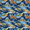 Watercolor Sea turtles and waves, splashes , nature background, seamless pattern Royalty Free Stock Photo