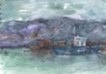 Watercolor sea, waves, mountains, landscape, beach, boat illustration