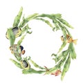 Watercolor sea wreath with laminaria and tropical fish. Hand painted underwater floral illustration with algae leaves