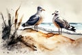 Watercolor Seagulls On Sandy Ocean Beach With Grass In Foreground - Generative AI