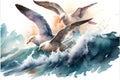Watercolor seagulls on the waves. Hand drawn illustration