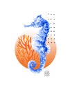 Watercolor seahorse, coral reef in gradient colored circle with doodle elements isolated on white background