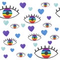 watercolor seamless abstract pattern with eyes with iridescent pupils and hearts Royalty Free Stock Photo