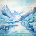 Watercolor Illustration Of Icebergs In A Lake