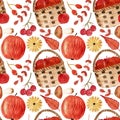 Watercolor seamless autumn pattern, berries, leaves, flowers, mushrooms and basket with apples on white background.