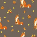 Watercolor seamless autumn pattern red Fox and leaves. Royalty Free Stock Photo