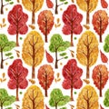 Watercolor seamless autumnal pattern with bright trees and various leaves on white background.