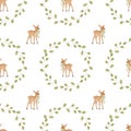 Watercolor seamless baby pattern fawn and branch wreath. Elegant cute animal pattern with bow in round frame. For