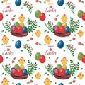 Watercolor seamless background with Easter chicken, egg, dots, flower