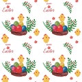 Watercolor seamless background with Easter chicken, egg, dots, flower