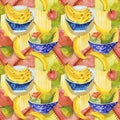Watercolor seamless background with fruits, still life of fruit plates, picnic tablecloths, bananas, apples and pears Royalty Free Stock Photo