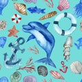 Watercolor seamless background of marine elements, shellfish, dolphins, fish, on a blue background Royalty Free Stock Photo
