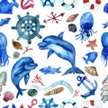 Watercolor seamless background of marine elements, shellfish, dolphins, fish isolated on white background. Royalty Free Stock Photo