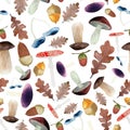 Watercolor seamless background with mushrooms, acorns and oak leaves.