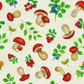 Watercolor Seamless background with mushrooms and wild berries