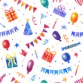 Watercolor seamless birthday pattern with balloons, gifts, garlands, hats and confetti Royalty Free Stock Photo