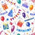 Watercolor seamless birthday pattern with balloons, gifts, garlands, hats and Royalty Free Stock Photo