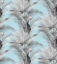 watercolor seamless black and white pattern with dry palm leaves of tropical palms and protea flower Royalty Free Stock Photo