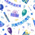 Watercolor seamless blue birthday pattern with balloons, gifts, garlands, hats and confetti Royalty Free Stock Photo