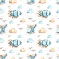 Watercolor seamless boho pattern for boys with airship, helicopter, clouds on white background