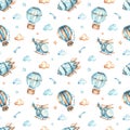 Watercolor seamless boho pattern for boys with helicopter, airship, balloons, clouds on white background