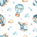 Watercolor seamless boho pattern for boys with helicopter, airship, balloons, clouds on white background