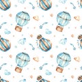 Watercolor seamless boho pattern for boys with hot air balloons, stars, clouds on a white background