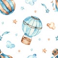 Watercolor seamless boho pattern for boys with hot air balloons, stars, clouds on a white background