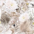 watercolor seamless boho pattern. parrots, flowers and shells. beige pattern Royalty Free Stock Photo