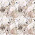 watercolor seamless boho pattern. parrots, flowers and shells. beige pattern Royalty Free Stock Photo