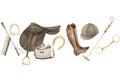 Watercolor seamless border, banner with illustration of a horseshoes, stirrups, saddle, bag, brush, helmet, snaffles