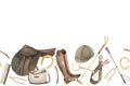 Watercolor seamless border, banner with illustration of a horseshoes, stirrups, saddle, bag, brush, helmet, snaffles