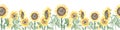 Watercolor seamless border with blooming flowers sunflowers on stems and buds