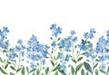 Watercolor seamless border of blue forget-me-not with green leaves on white background Royalty Free Stock Photo