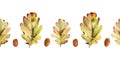 Watercolor seamless border with bright multicolored autumn leaves and maple winglets, chestnut fruits, oak acorns and pine cones