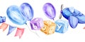 watercolor seamless border of child theme with blue and purplr air balloon, blue airplane, blue and lilac cubes with