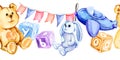watercolor seamless border of child theme with a teddy bear, sitting toy blue bunny, a blue airplane, blue and lilac