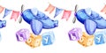 watercolor seamless border of child theme with a toys, blue airplane, blue, beige and lilac cubes and children's