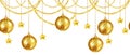 watercolor seamless border with Christmas tree toys, shiny gold balls, garlands of gold glitter beads, golden glossy