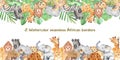 Watercolor seamless border with cute cartoon animals of Africa. Royalty Free Stock Photo