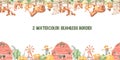 Watercolor seamless border with cute cartoon farm animals