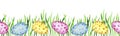 Watercolor seamless border with Easter eggs and green spring grass, isolated on white background.