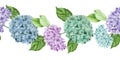 Watercolor seamless border, frame, banner with hydrangea flowers and leaves. green leaves and blue, pink, purple hydrangea flowers Royalty Free Stock Photo