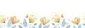 Watercolor seamless border with golden flower buds, large abstract flowers and leaves on a white background Royalty Free Stock Photo