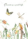 Watercolor seamless border gray with insects in dry grass, moth, ant, spider, snail, mushroom