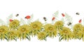 Watercolor seamless border. Illustration with dandelion, ladybug, bumblebee, leaves on white. Botanical fabric, paper