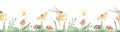 Watercolor seamless border with insects in the grass, ladybug, mantis, butterfly, grasshopper, dragonfly