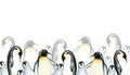 Watercolor seamless border with king penguin family isolated. Hand painting realistic Arctic and Antarctic ocean mammals Royalty Free Stock Photo