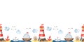 Watercolor seamless border with a lighthouse, ships, anchor, helm on a white background