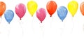 Watercolor seamless border, pattern with colored balloons. clipart, design for birthday, holiday, party. cute balloons in blue, re